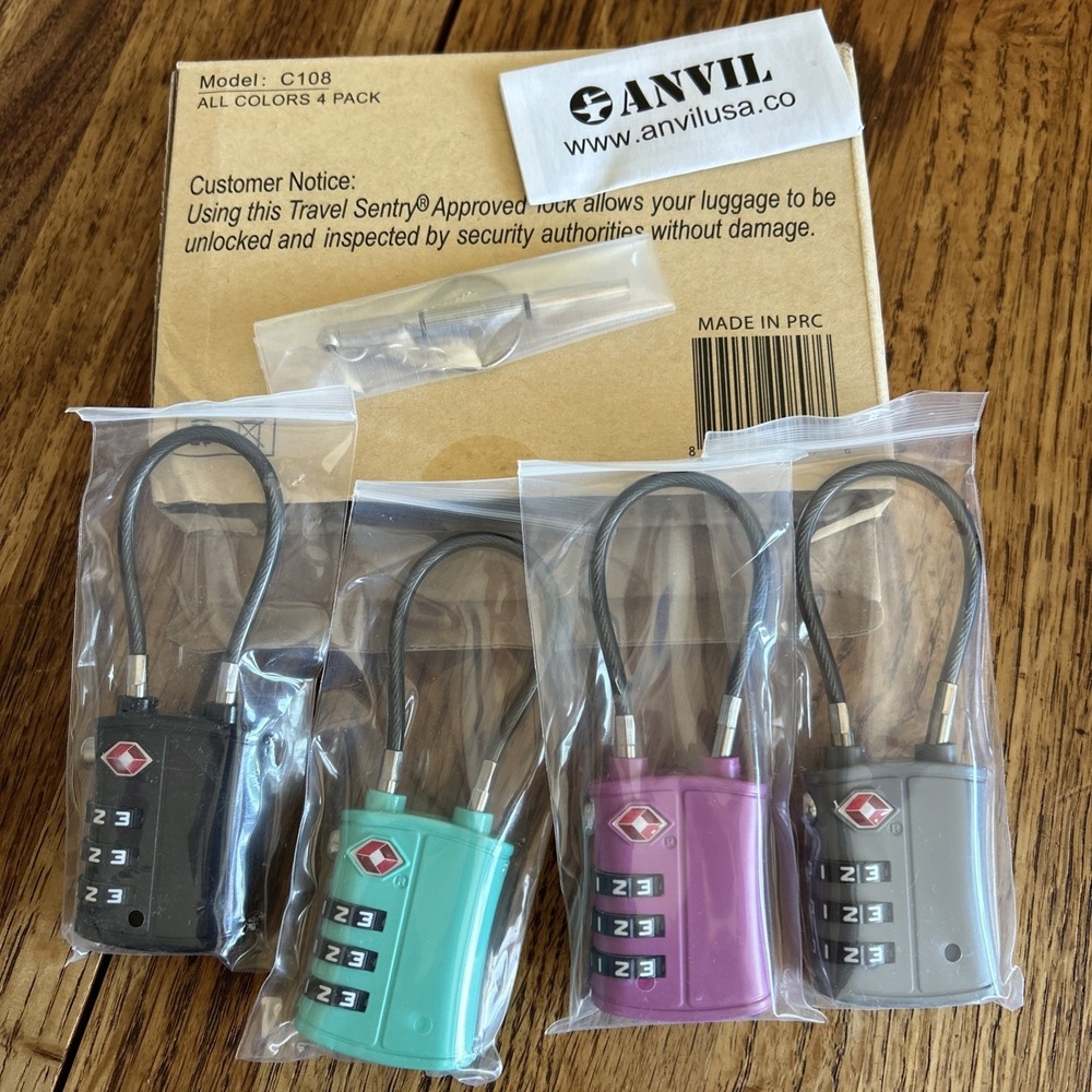 Anvil Travel Sentry Security Locks 4 Pack Assorted Colors C108 3 Digit Combo